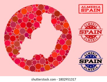 Vector map of Almeria Province collage of circle blots and red watermark seal stamp. Subtraction circle map of Almeria Province collage designed with circles in different sizes, and red color hues.