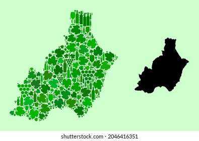 Vector Map of Almeria Province. Mosaic of green grape leaves, wine bottles. Map of Almeria Province mosaic formed from bottles, grapes, green leaves. Abstract mosaic useful for advertising collages.
