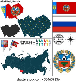 Vector map of Altai Krai with coat of arms and location on Russian map