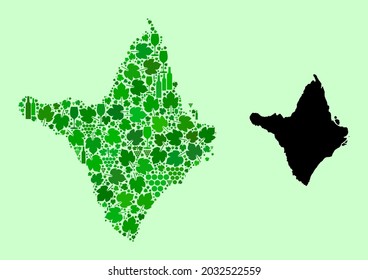 Mapa vectorial del estado de Amapa. Mosaico de uvas verdes, botellas de vino. Mapa del collage del estado de Amapa formado con botellas, uvas, hojas verdes. Mosaico abstracto diseñado para tiendas de alcohol.
