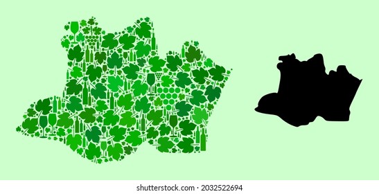 Vector Map of Amazonas State. Collage of green grape leaves, wine bottles. Map of Amazonas State collage created with bottles, berries, green leaves. Abstract collage useful for political collages.