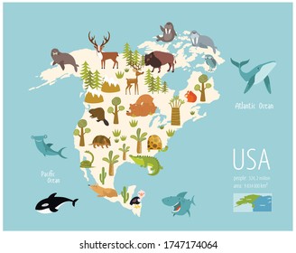 Vector map of America with animals. Cartoon wild animals. Poster for children. Training. Education. Wallpaper for children.Bears, deer, beaver, coyote, turtle, armadillo, whale
