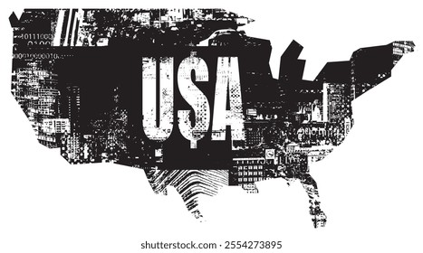 vector Map of America in art grunge background of spots and geometric shapes from elements of big city architecture. suitable for logo, t-shirt design.