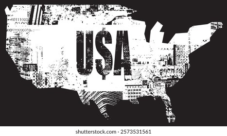 vector Map of America in art grunge background of spots and geometric shapes from elements of big city architecture. suitable for logo, t-shirt design.