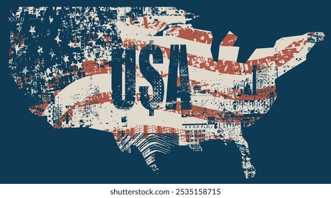 vector Map of America in colors of the national flag in art grunge background of spots and geometric shapes from elements of big city architecture. suitable for logo, t-shirt design.