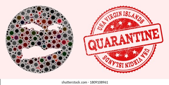 Vector map of American Virgin Islands collage of coronavirus and red grunge quarantine seal. Infection cells attack the quarantine territory from out space.