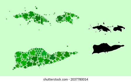 Mapa de vectores de las Islas Vírgenes Estadounidenses. Mosaico de hojas verdes de uva, botellas de vino. Mapa del mosaico de las Islas Vírgenes Americanas creado a partir de botellas, uvas, hojas verdes.