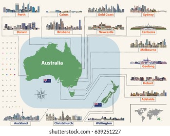 vector map (and flags) of Australia and New Zealand with largest cities skylines. Location, navigation and travel icons