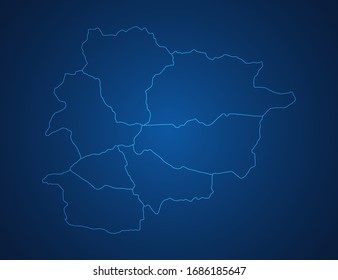 Vector map of Andorra abstract blue line scales on dark background.