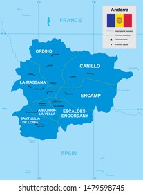 vector map of Andorra with borders of regions and flag in blue tones 
