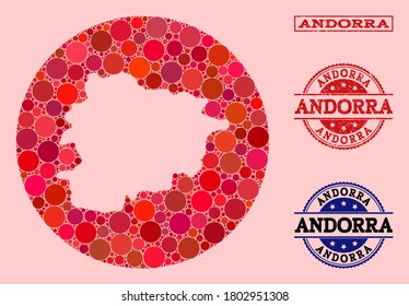 Vektorplan von Andorra Sammlungen von Kreiselementen und rotem Gummisiegel. Stencil Kreis Karte von Andorra Collage gebildet mit Kreisen in variabler Größe und roten Farbtönen.