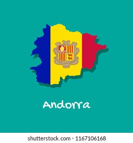 Vector map of Andorra painted in the colors of the flag. The country's borders with shadow. Isolated vector illustration.