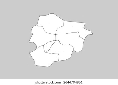 Mapa vetorial de Andorra com províncias ou territórios e divisões administrativas. Camadas editáveis e claramente rotuladas.