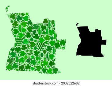 Vector Map of Angola. Mosaic of green grape leaves, wine bottles. Map of Angola mosaic formed from bottles, berries, green leaves. Abstract mosaic designed for marketing propaganda.