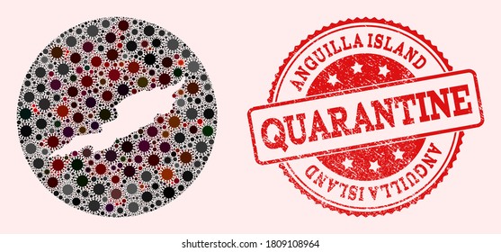 Mapa vectorial del collage de coronavirus en la isla de Anguila y sello de sellado de cuarentena de grunge rojo. Las células de infección atacan el territorio aislado desde el exterior.