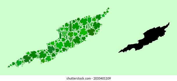 Mapa vectorial de la isla de Anguila. Mosaico de hojas verdes de uva, botellas de vino. Mapa del mosaico de la isla de Anguila formado con botellas, uvas, hojas verdes.