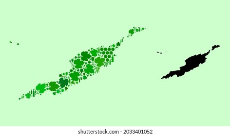 Vector Map of Anguilla Islands. Composition of green grape leaves, wine bottles. Map of Anguilla Islands collage designed with bottles, berries, green leaves.