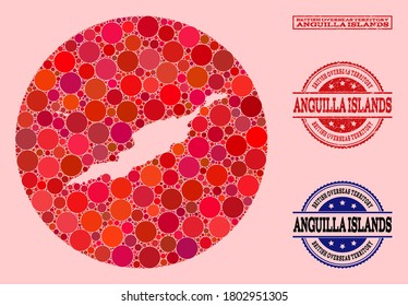 Mapa vectorial del mosaico de elementos circulares de las islas de Anguila y sello de sellado rojo de goma. Mapa del círculo de resta de las islas Anguila compuesto por círculos de varios tamaños y tonos rojos.