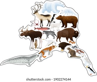 vector map with animals of Alaska: polar bear, bald eagle, moose, lynx, beaver, crab, fox, owl, seal, bison, bear, mountain goat, reindeer, wolf