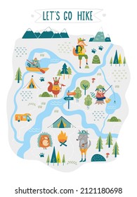 vector map with animals trees mountains hiking elements for children