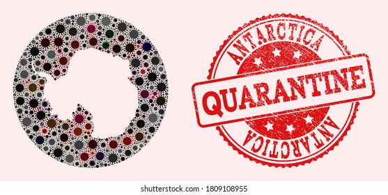 Vector map of Antarctica collage of coronavirus and red grunge quarantine seal. Infection cells around the quarantine territory from external zone.