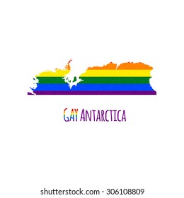 Vector map of Antarctica in LGBT (lesbian, gay, bisexual, and transgender) flag colors and GAY Antarctica caption on white background. Rainbow flag with denim textile texture.