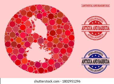 Vector map of Antigua and Barbuda collage of round dots and red grunge seal stamp. Hole round map of Antigua and Barbuda collage formed with circles in variable sizes, and red color tones.