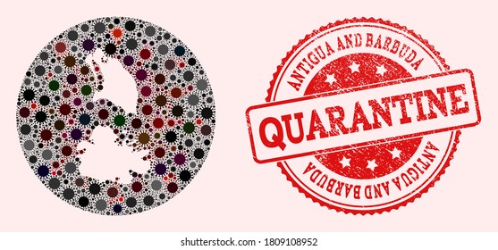 Vector map of Antigua and Barbuda collage of SARS virus and red grunge quarantine seal. Infection cells around the quarantine territory from out space.