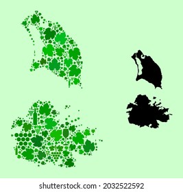 Vektorkarte von Antigua und Barbuda. Collage von grünen Weinblättern, Weinflaschen. Karte von Antigua und Barbuda Mosaik gebildet mit Flaschen, Beeren, grünen Blättern.