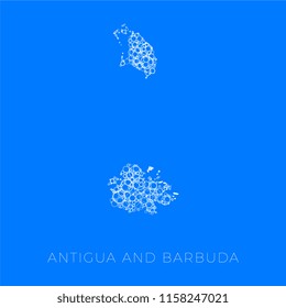 vector map of antigua and barbuda filled with white circles of different sizes and degrees of transparency on blue background