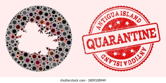 Vector map of Antigua Island mosaic of SARS virus and red grunge quarantine seal. Infection cells around the quarantine territory from out space.