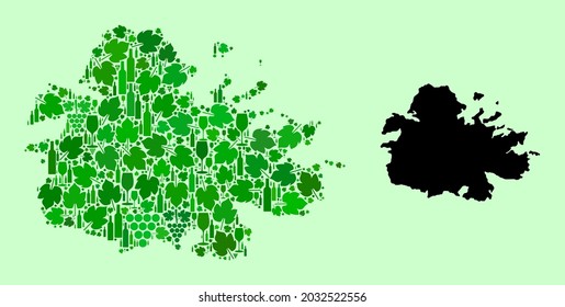 Vector Map of Antigua Island. Mosaic of green grape leaves, wine bottles. Map of Antigua Island mosaic composed with bottles, berries, green leaves.