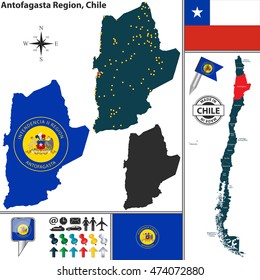 Vector map of Antofagasta region and location on Chilean map