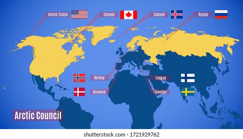 Vector map of the Arctic Council with flags of member States