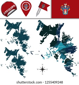 Vector map of Arequipa in Peru with named districts and travel icons.