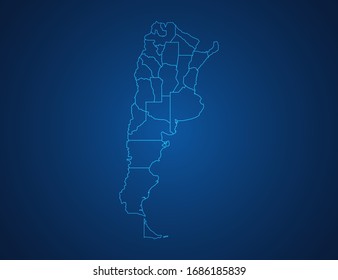Mapa vectorial de Argentina línea azul abstracta escala sobre fondo oscuro.