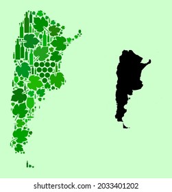 Mapa de vectores de Argentina. Collage de hojas verdes de uva, botellas de vino. Mapa del mosaico argentino diseñado con botellas, uvas, hojas verdes.