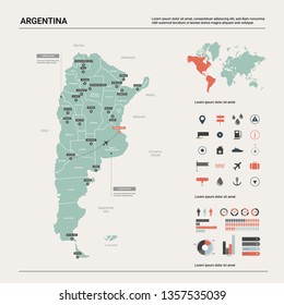 Vector map of Argentina . High detailed country map with division, cities and capital Buenos Aires. Political map,  world map, infographic elements. 