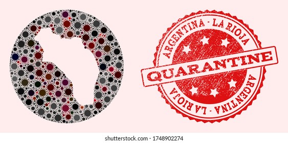 Vector map of Argentina - La Rioja collage of covid-2019 virus and red grunge quarantine seal. Infection cells around the lockdown territory from out space.