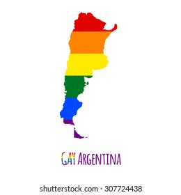 Vector map of Argentina in LGBT (lesbian, gay, bisexual, and transgender) flag colors and GAY Argentina caption on white background. Rainbow flag with denim textile texture.