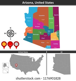 Vector map of Arizona with counties and location on US map