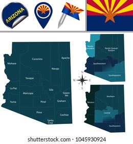 Vector map of Arizona with named regions and travel icons