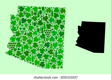 Mapa vectorial del estado de Arizona. Collage de uvas verdes, botellas de vino. Mapa del collage del estado de Arizona diseñado con botellas, uvas, hojas verdes. El collage abstracto está diseñado para una agitación patriótica.