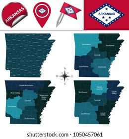Vector map of Arkansas with named regions and travel icons