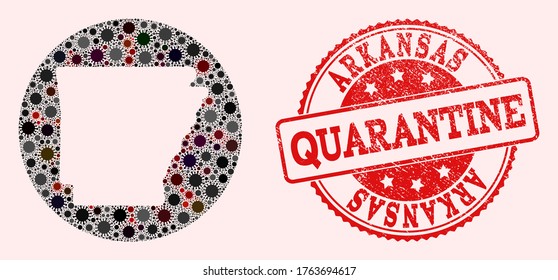 Vector map of Arkansas State collage of coronavirus and red grunge quarantine seal stamp. Infection cells attack the quarantine territory from outside.