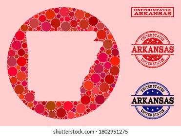 Vector map of Arkansas State collage of circle elements and red rubber seal. Hole round map of Arkansas State collage formed with circles in variable sizes, and red color hues.