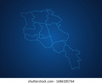 Vector map of Armenia abstract blue line scales on dark background.