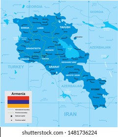 vector map of Armenia with borders of regions and flag in blue tones 