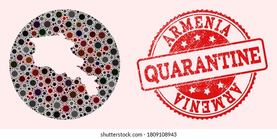 Mapa vectorial del collage de coronavirus en Armenia y sello de sellado de cuarentena de grunge rojo. Las células de infección atacan el territorio de cuarentena desde el exterior.