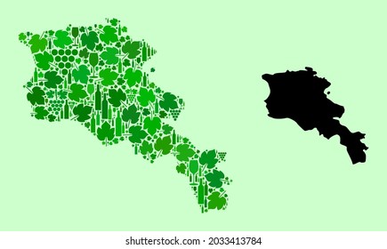Mapa de vectores de Armenia. Collage de hojas verdes de uva, botellas de vino. Collage del mapa de Armenia creado con botellas, bayas, hojas verdes. El collage abstracto es útil para la propaganda de los bares.
